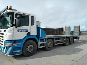 2009, SCANIA P380, 8x2 REARLIFT BEAVERTAIL FLATBED TRUCK